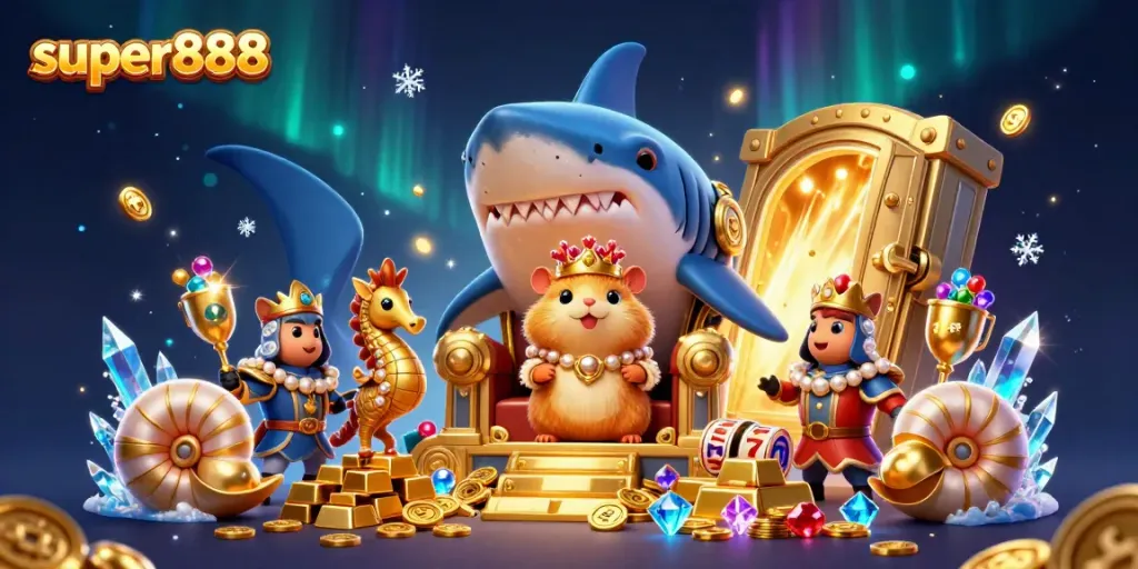 Permainan slot super888 dengan ikon berlian dan kekayaan melimpah dalam ilustrasi 3D menarik.