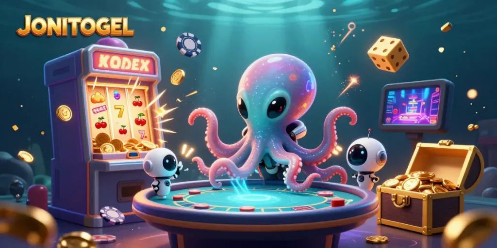 Experience thrilling gameplay with JONITOGEL's vibrant space-themed casino scene featuring futuristic gambling elements.