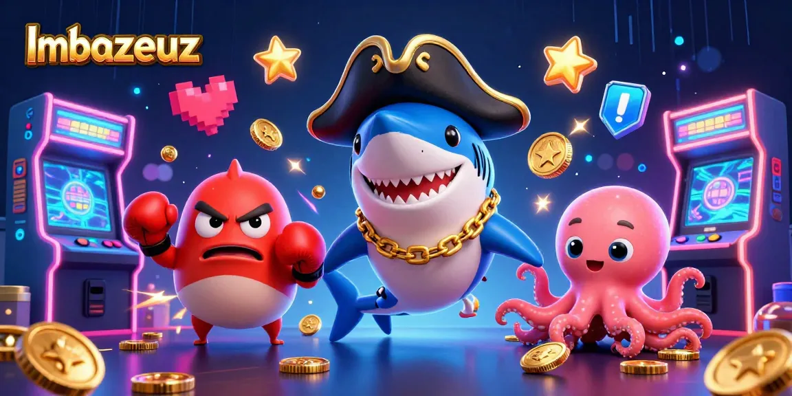Imbazeuz menghadirkan ilustrasi kasino yang meriah dengan hiu bajak laut kartun dan mesin permainan 3D.