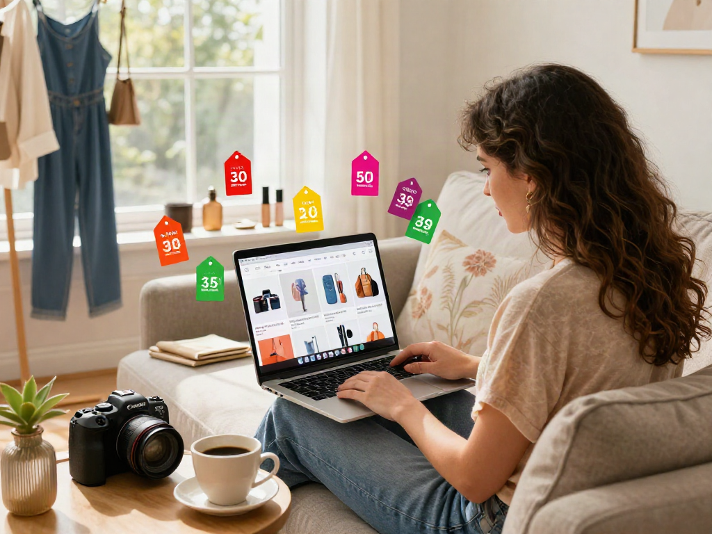 Gambar suasana belanja online dengan alexistogel dan produk gaya hidup di ruang tamu.