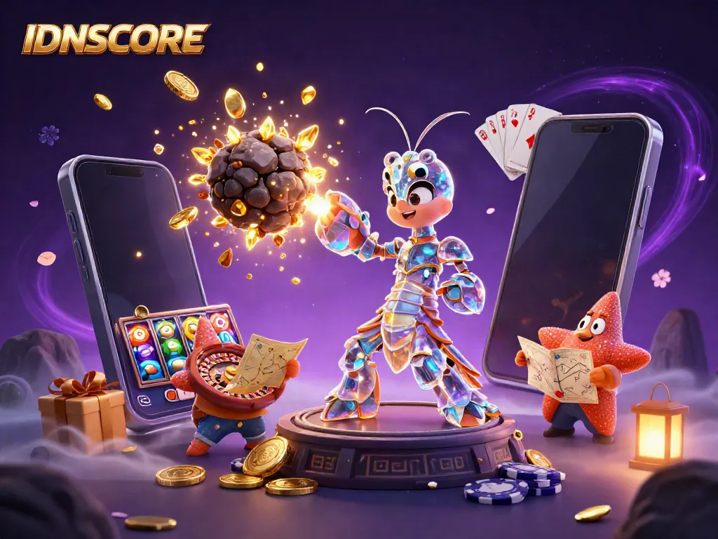 Experience thrilling gameplay with IDNSCORE, where a galactic mantis shrimp battles asteroids for golden wins!