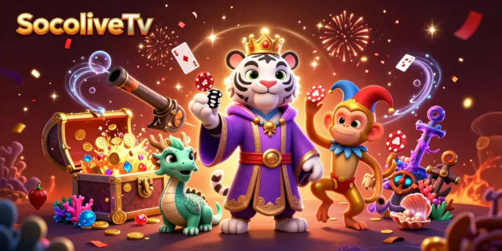SocoliveTv's vibrant cartoon scene with a royal tiger, jester monkey, and glowing elements for an engaging gaming experience.