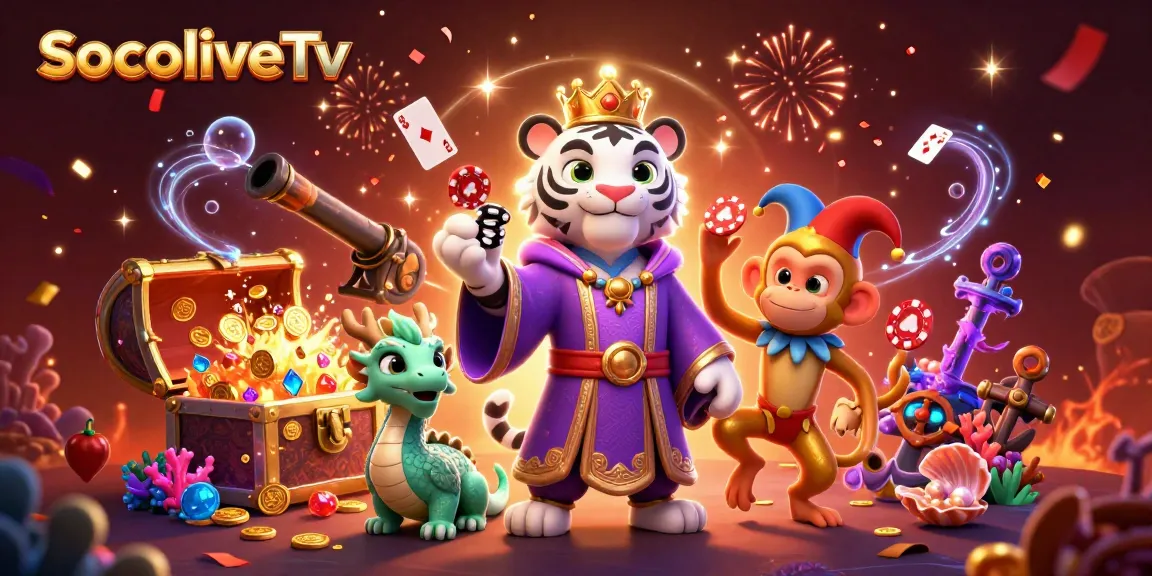 SocoliveTv's vibrant cartoon scene with a royal tiger, jester monkey, and glowing elements for an engaging gaming experience.