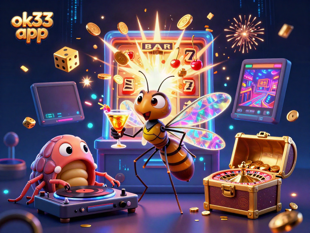 Experience excitement with the ok33 app, featuring a vibrant casino mascot and dynamic gameplay elements.