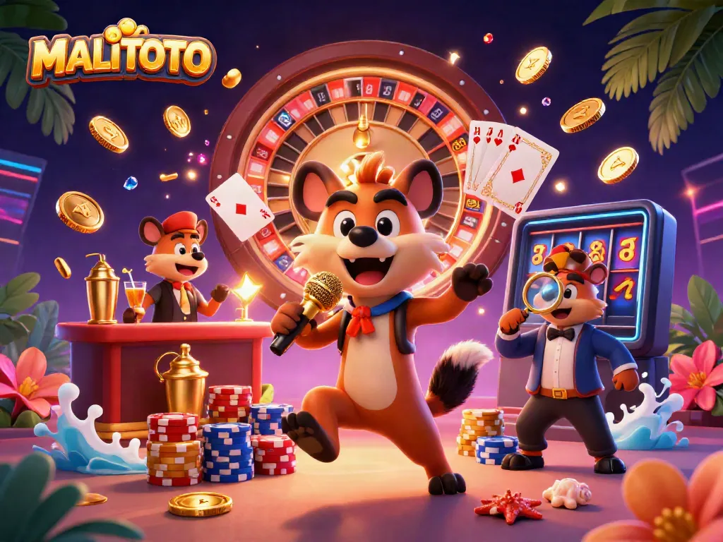MALITOTO hyena comedy casino scene with golden coins, roulette, and vibrant colorful poker chips.