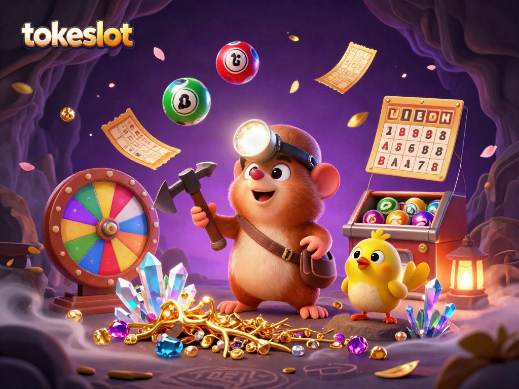 Tokeslot platform showcases a vibrant 3D illustration of a treasure hunter mole mining gems amidst lottery elements, celebrating gaming excitement.
