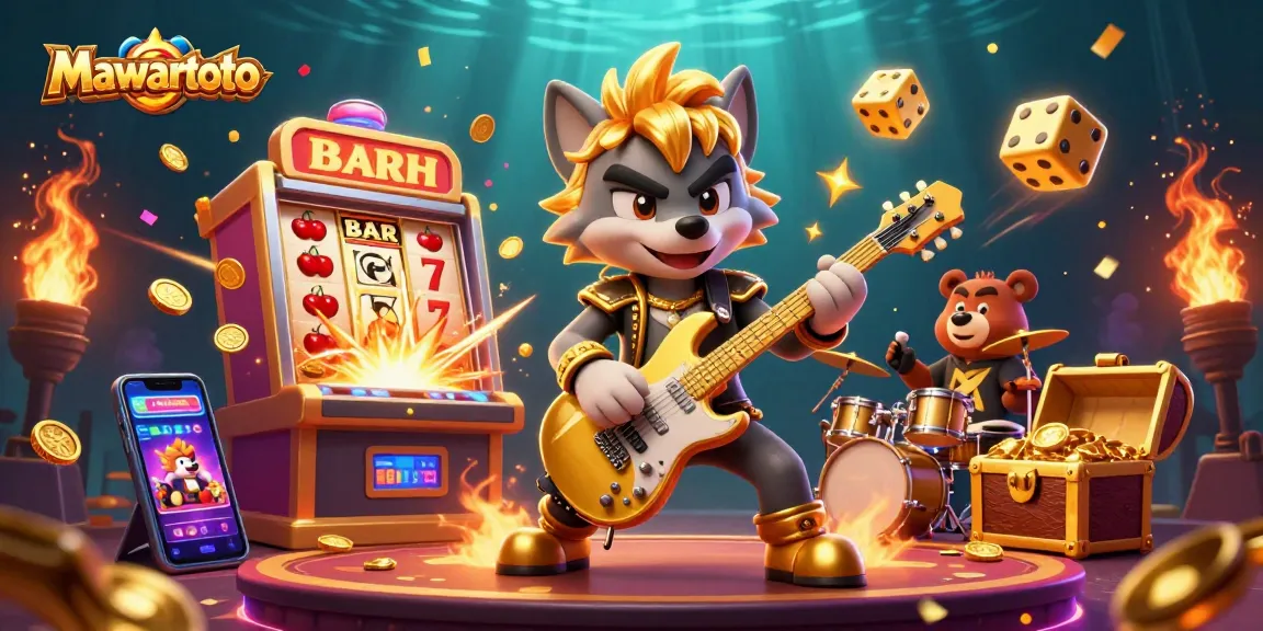Mawartoto showcases a vibrant casino scene with a rock star wolf and drummer bear capturing jackpot excitement.