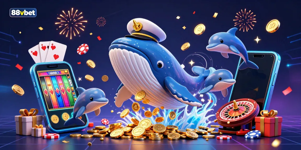 88vbet offers an immersive casino experience with a grand whale breaching through coins, surrounded by dolphins and game elements.