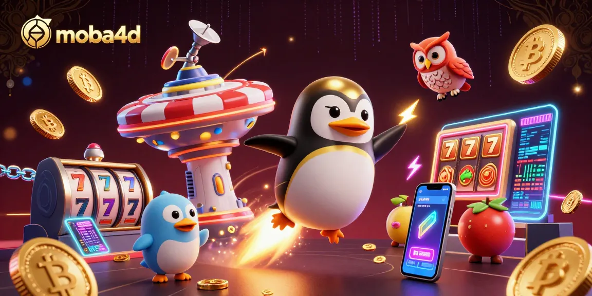 Experience moba4d's exciting slot adventures with a golden penguin and casino elements.