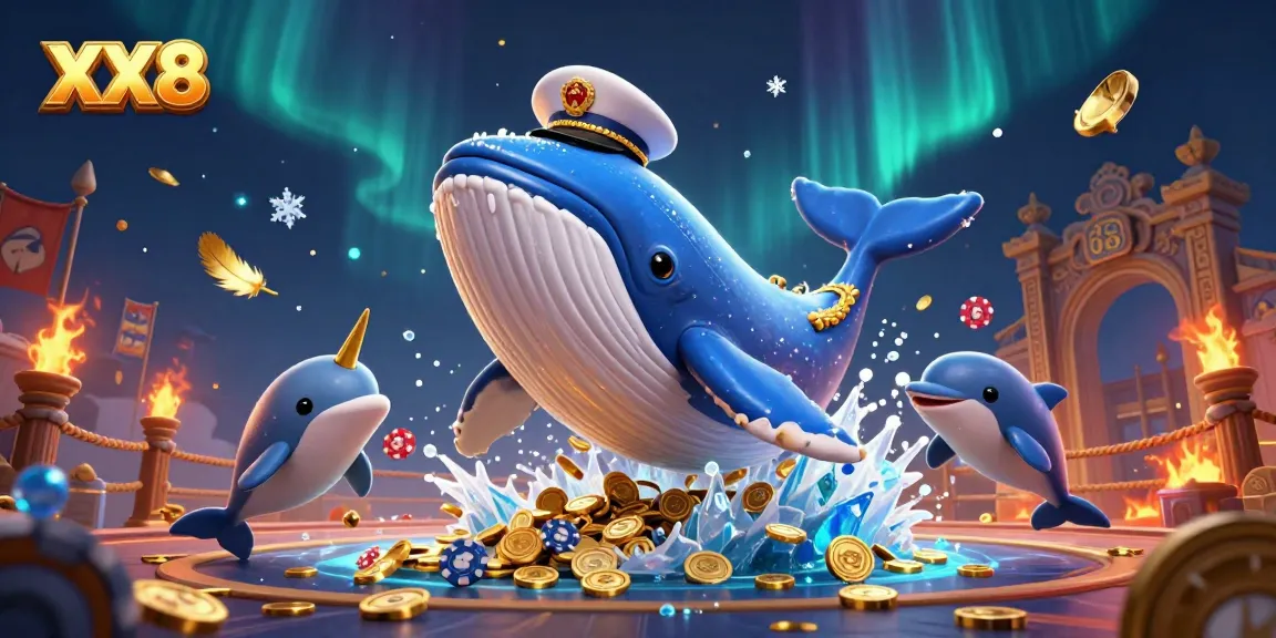 Experience exciting gameplay at XX8 with a 3D whale and vibrant casino elements.