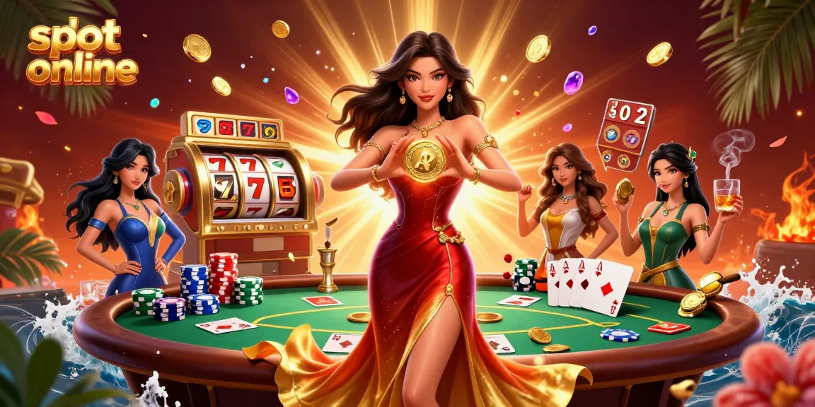 Experience slot online excitement with stunning visuals of a woman holding a golden coin amidst vibrant casino elements.