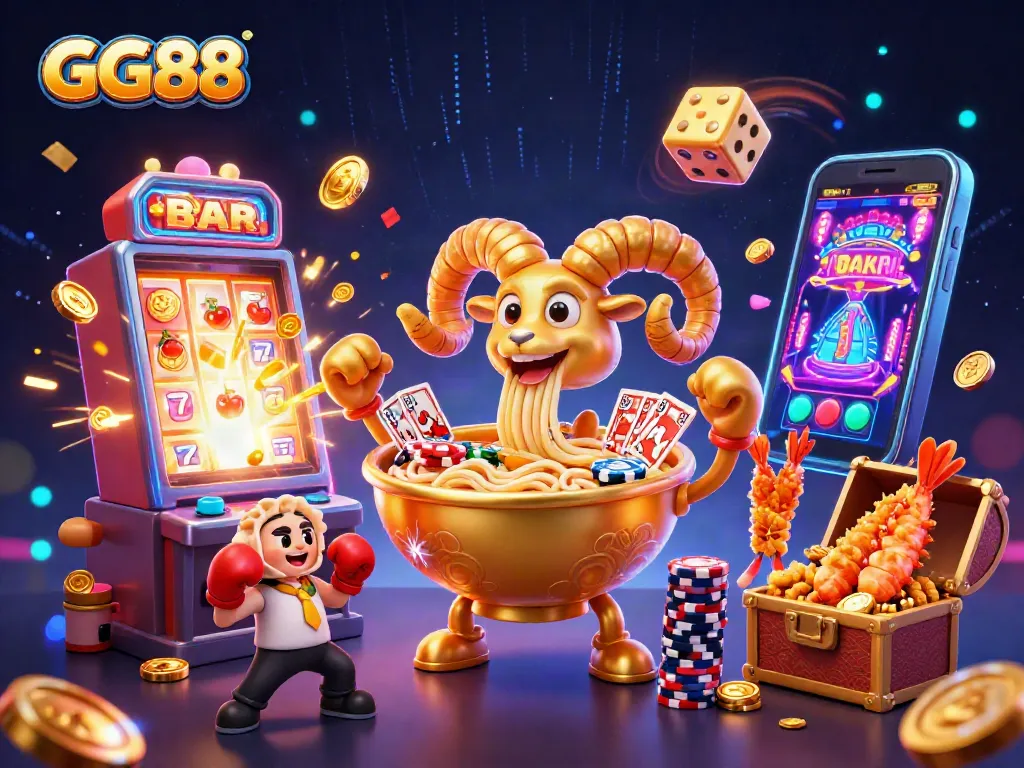 Experience winning at GG88 with vibrant casino elements and dynamic 3D cartoon characters.
