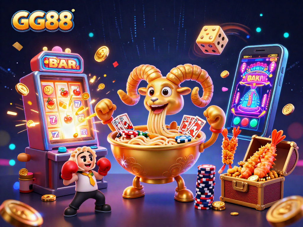 Experience winning at GG88 with vibrant casino elements and dynamic 3D cartoon characters.