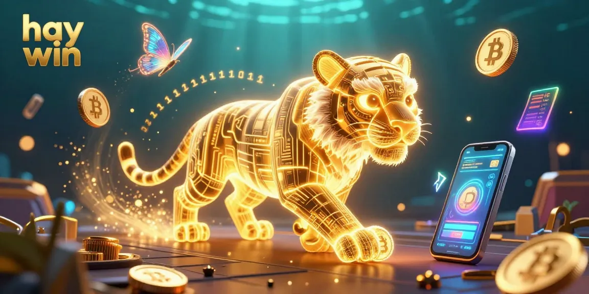 Experience the excitement of hay win with a vibrant digital casino scene featuring a glowing tiger and crypto elements.