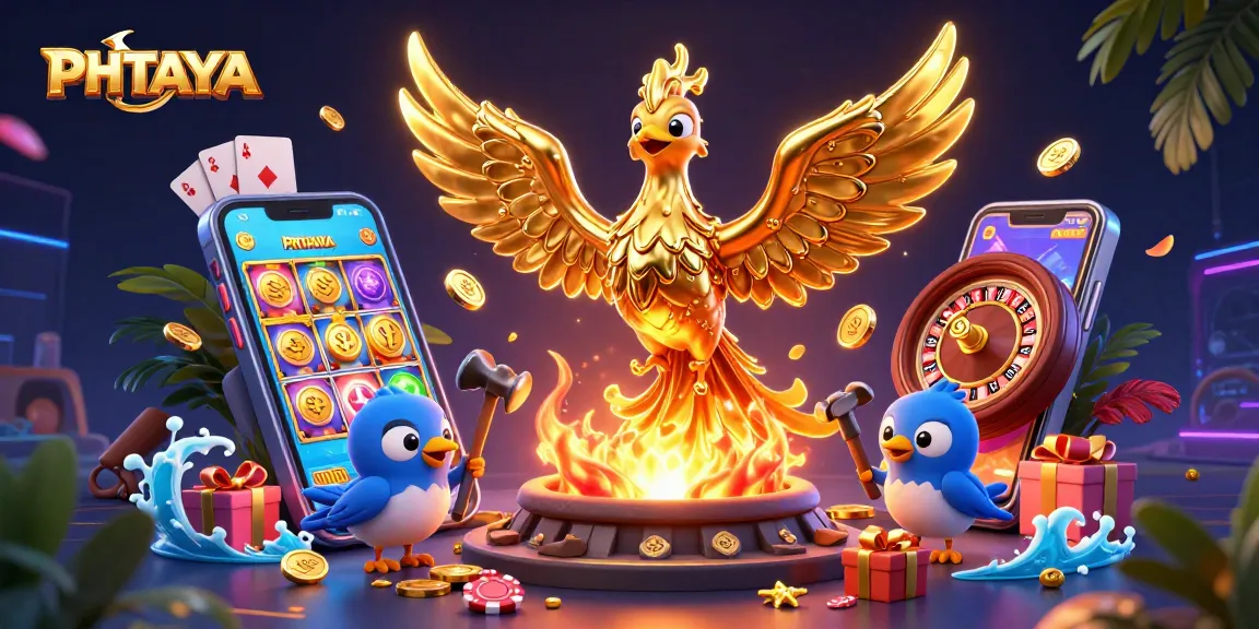 PHTAYA offers exciting gaming with a molten gold phoenix, interactive slot games, and vibrant casino elements.