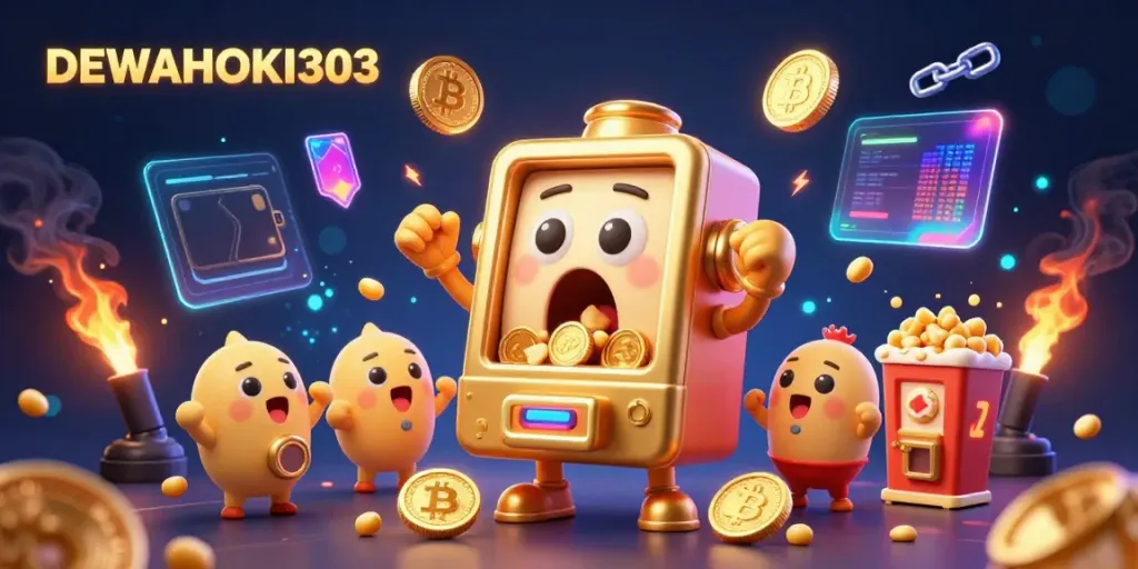 Slot machine bahagia merayakan jackpot di DEWAHOKI303 dengan koin berkilau muncul, suasana kasino yang ceria.