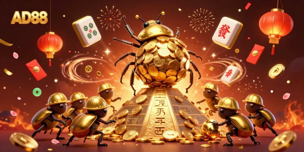 Experience the vibrant gaming world of AD88 with golden coins, festive elements, and dynamic characters