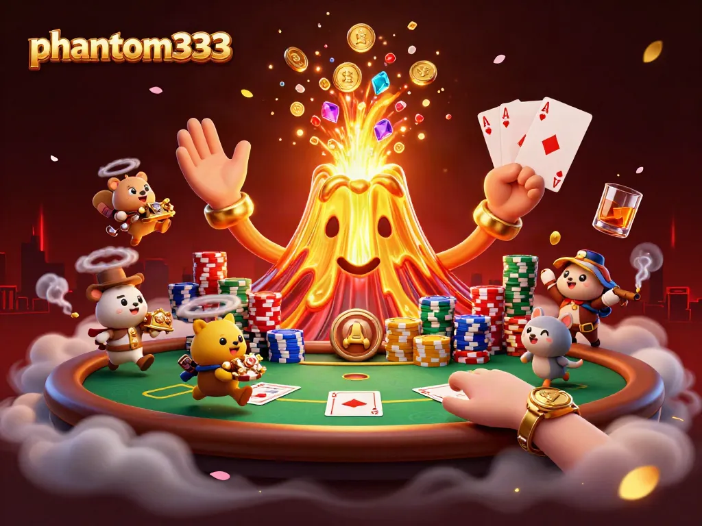 Engage with phantom333's vibrant casino scene showcasing treasure and poker excitement.
