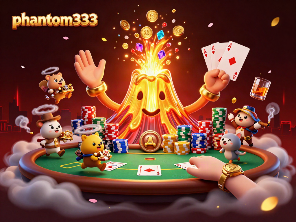 Engage with phantom333's vibrant casino scene showcasing treasure and poker excitement.