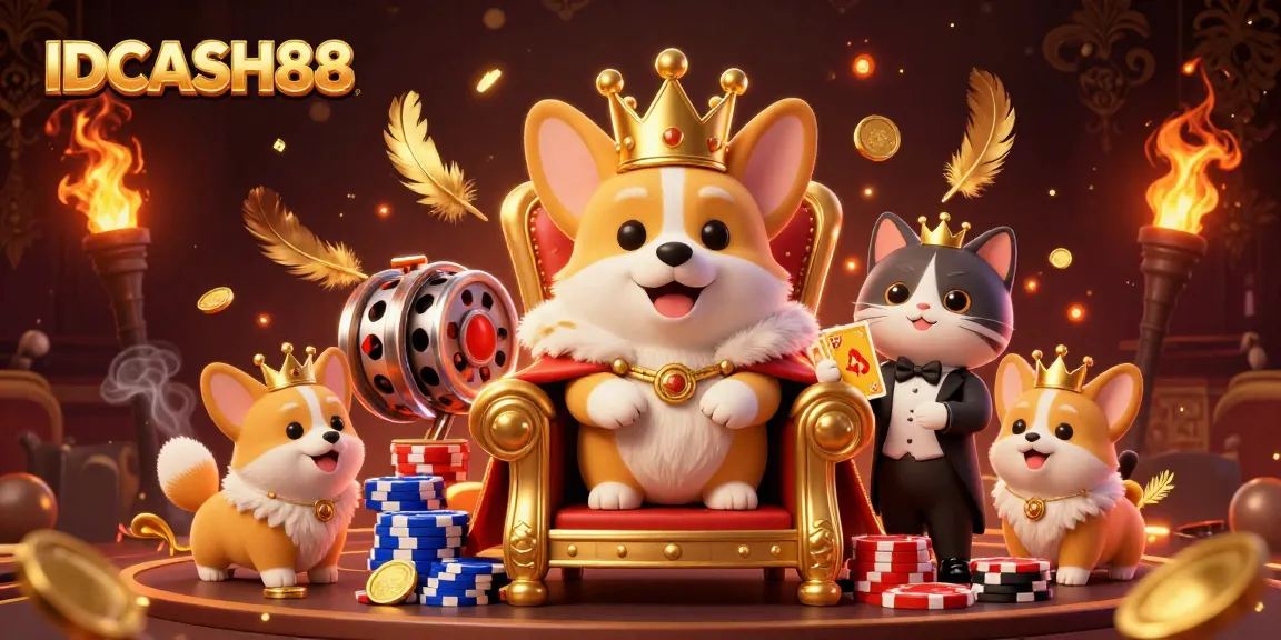 Spin and win at IDCASH88 with colorful slots, featuring corgi royalty and casino elements.