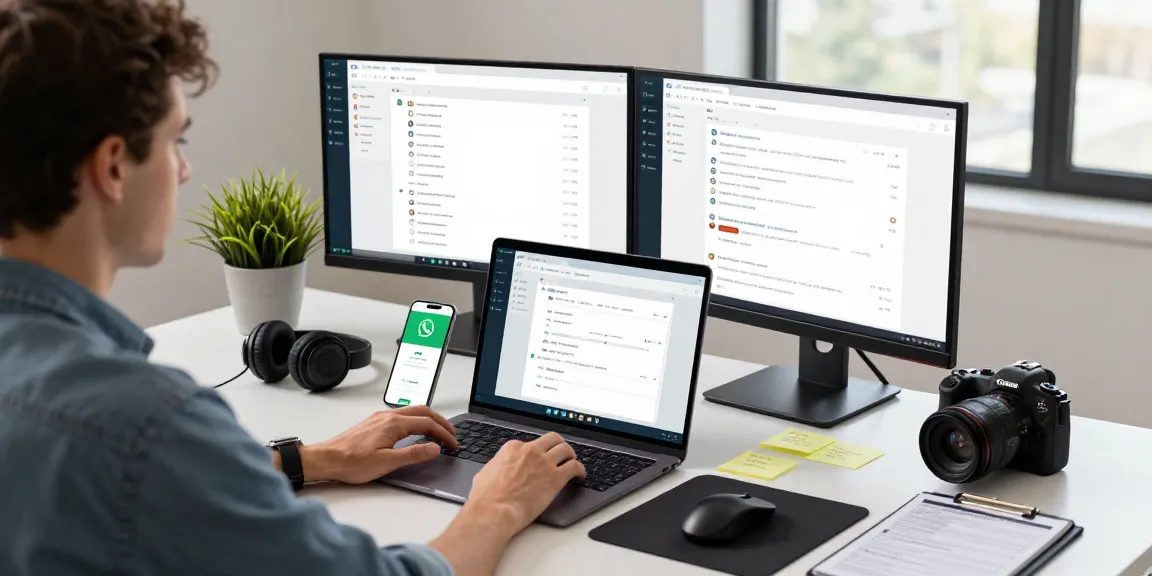 Focused user engaging on WhatsApp電腦版 in a modern workspace with laptops and ambient lighting.