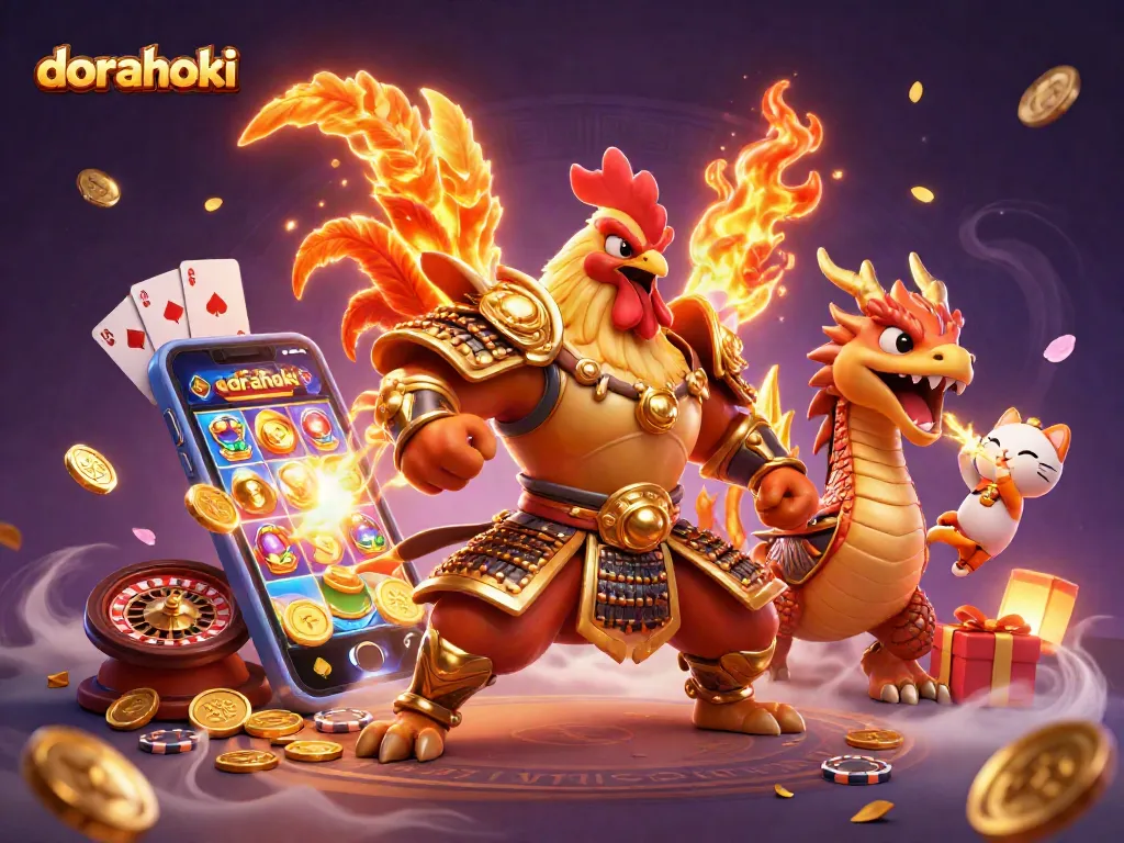 Gambarlah dorahoki yang menunjukkan ayam petarung dalam armor samurai, dikelilingi oleh permainan slot dan koin emas.