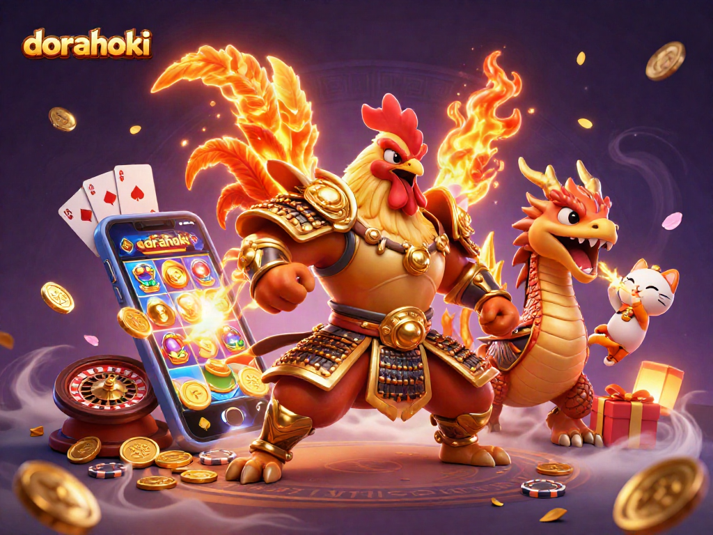 Gambarlah dorahoki yang menunjukkan ayam petarung dalam armor samurai, dikelilingi oleh permainan slot dan koin emas.