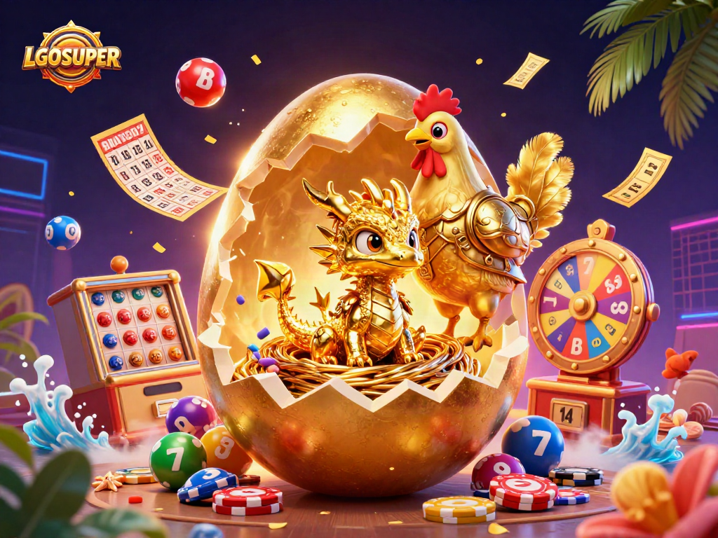 Experience thrilling gaming action with LGOSUPER's golden dragon and vibrant casino elements.