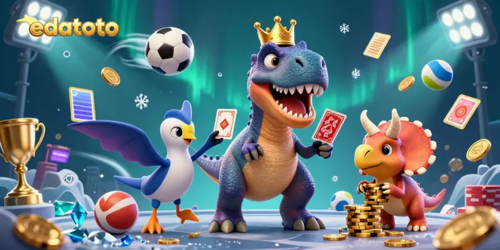 Engage with edatoto as the friendly T-Rex tries to shuffle cards while the pterodactyl assists in a vibrant casino scene.