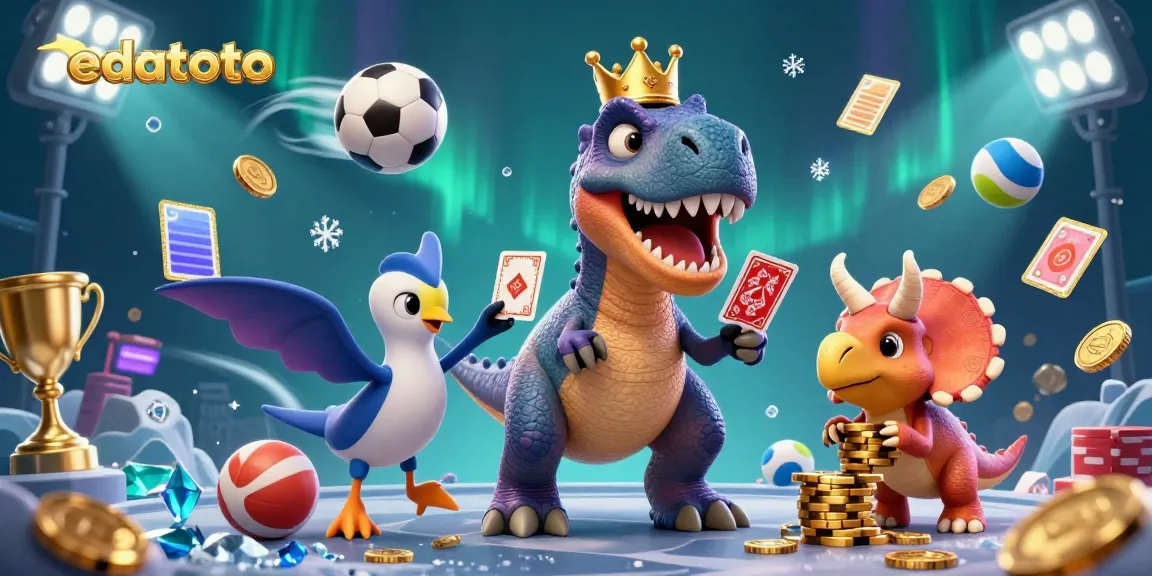 Engage with edatoto as the friendly T-Rex tries to shuffle cards while the pterodactyl assists in a vibrant casino scene.