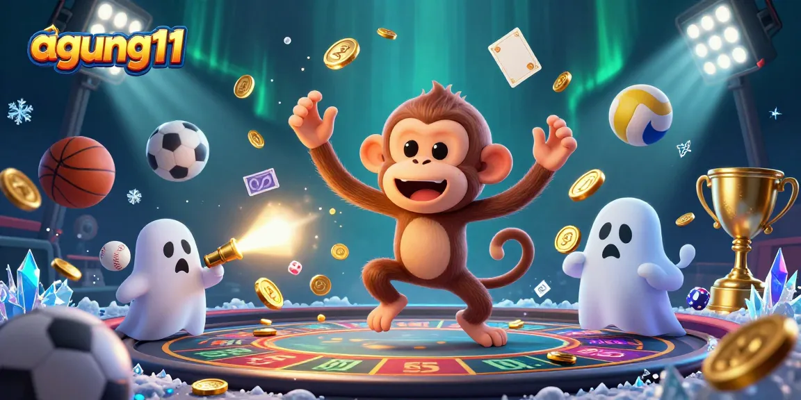 Join the excitement of agung11's haunted casino, featuring a mischievous monkey and curious puppy in action.