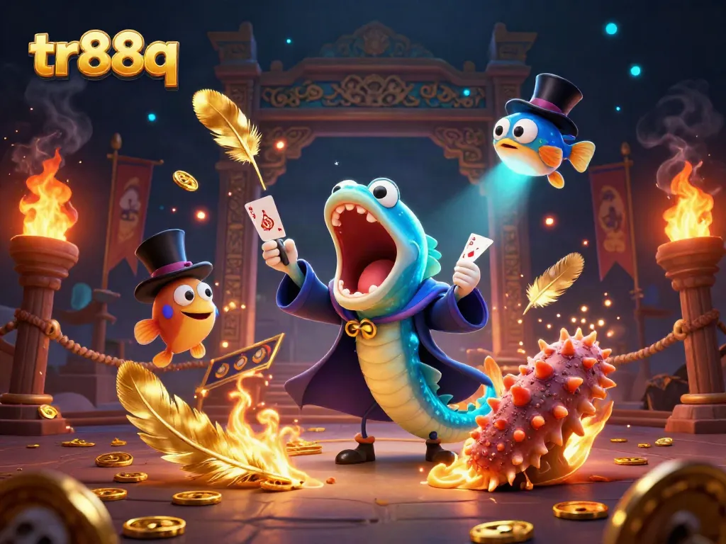 Experience thrilling gaming at tr88q with vibrant casino characters showcasing magical card tricks.