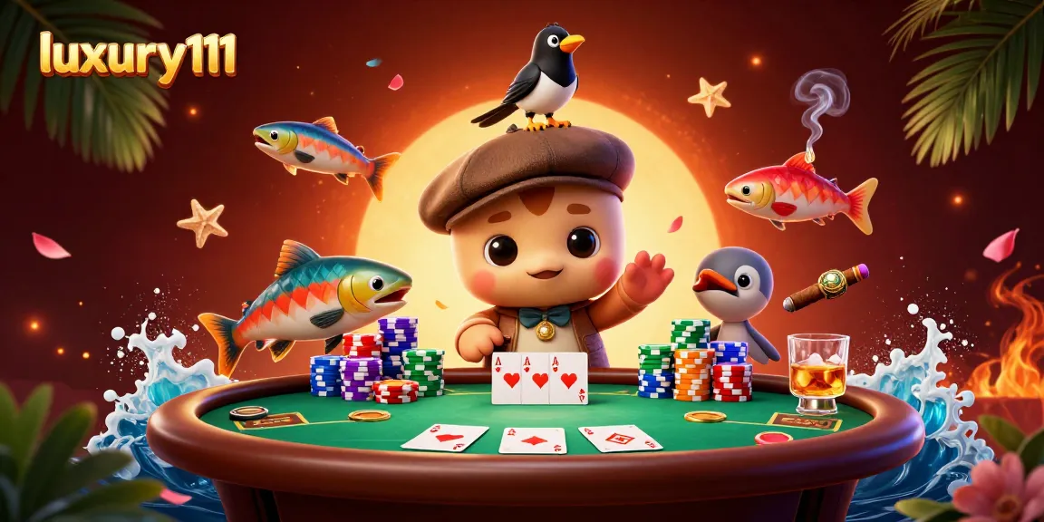 Engage in thrilling card games at luxury111 while enjoying vibrant casino elements and playful characters.