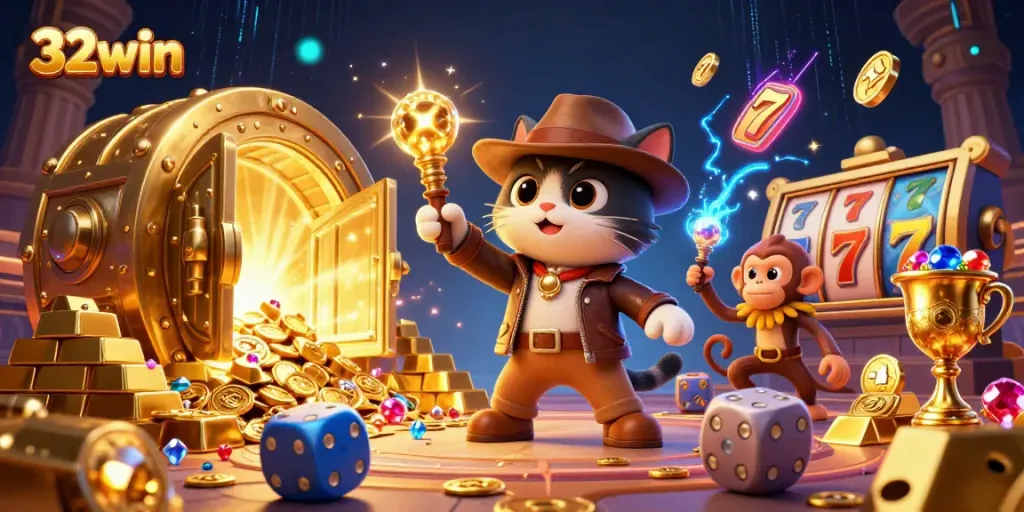 Experience excitement with 32win through a vibrant 3D casino adventure filled with slot reels and treasures.