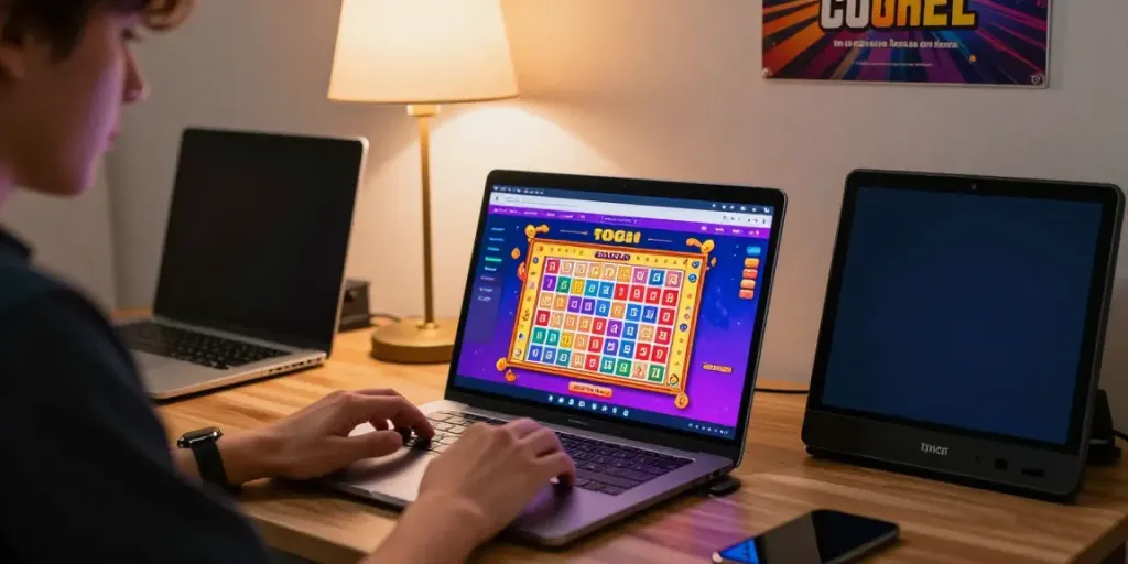 Aktivitas bermain togel online pada laptop di ruang kerja yang nyaman dengan cahaya lembut.
