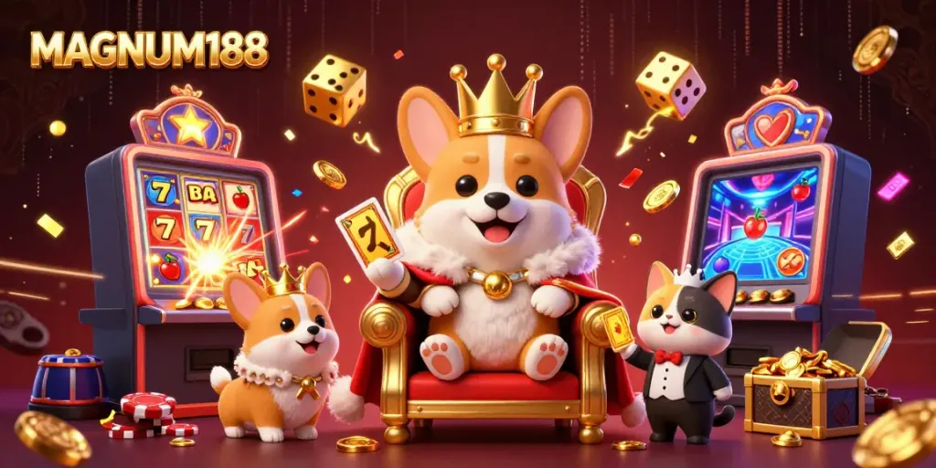 Experience the vibrant world of MAGNUM188 with a lively 3D illustration of royal corgis and casino elements.