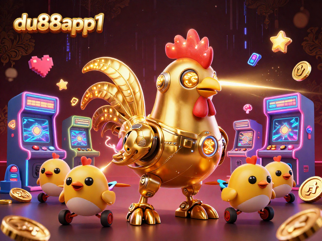 Engage with du88app1's vibrant casino arcade featuring a golden rooster robot and baby chick drones.