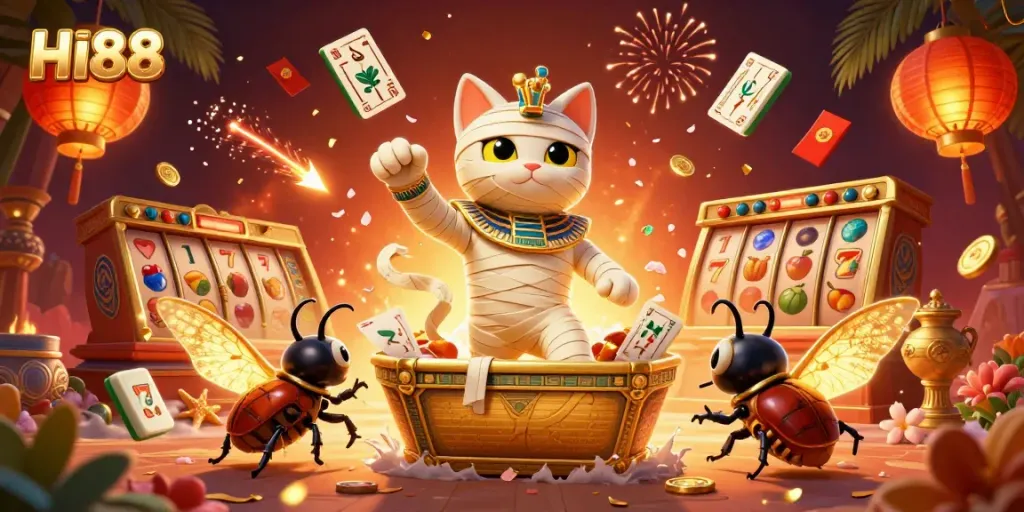 Play slots with HI88 in a vibrant 3D casino scene featuring an Egyptian mummy cat.