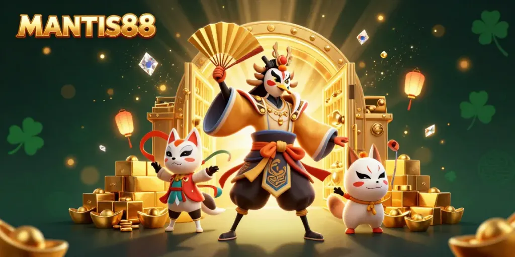 Experience MANTIS88's vibrant gaming world with colorful characters, gold, and treasures.