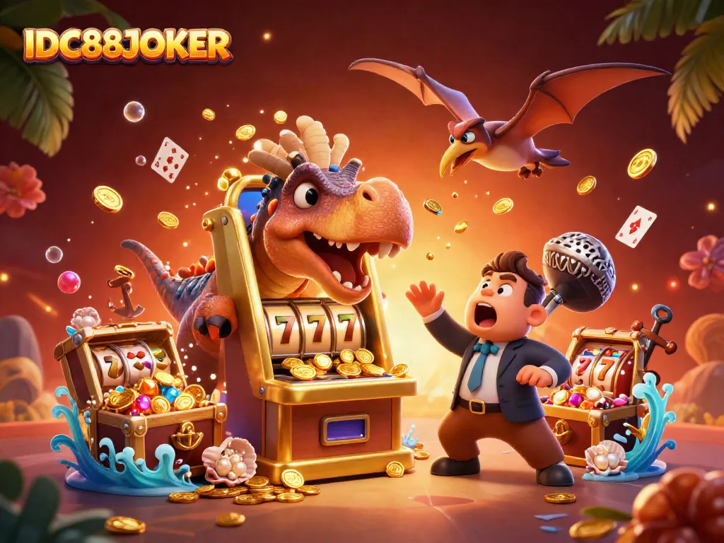 Experience the thrill of IDC88JOKER with a pachycephalosaurus hitting a golden slot machine