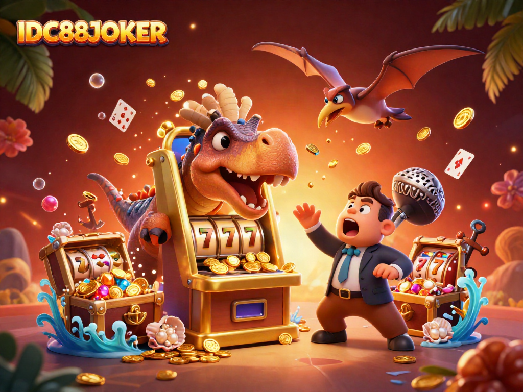 Experience the thrill of IDC88JOKER with a pachycephalosaurus hitting a golden slot machine