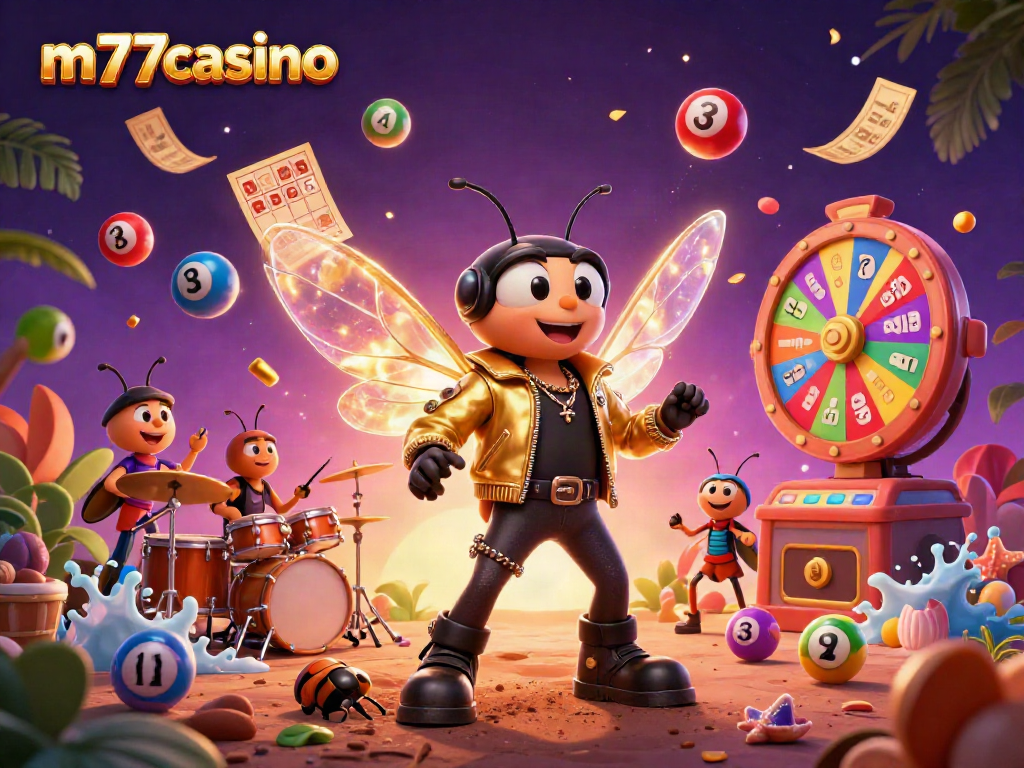 M77casino menyajikan ilustrasi kartun 3D yang dinamis dengan cicada rock star dan elemen kasino.