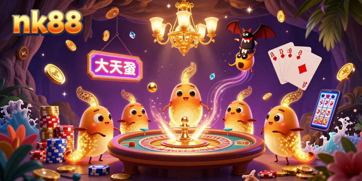 Experience excitement at nk88 with glowworms lighting up a cave casino, featuring golden coins and a bat dealer.