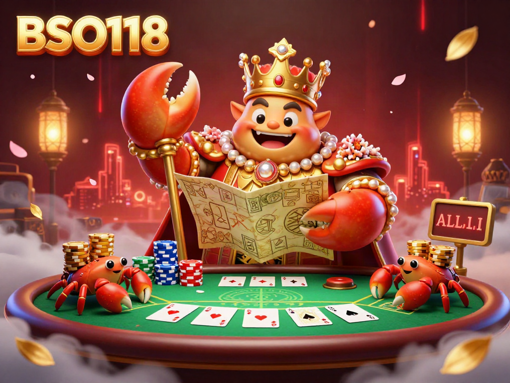 Experience the excitement of BSO118 with a golden crab emperor overseeing a vibrant poker scene.