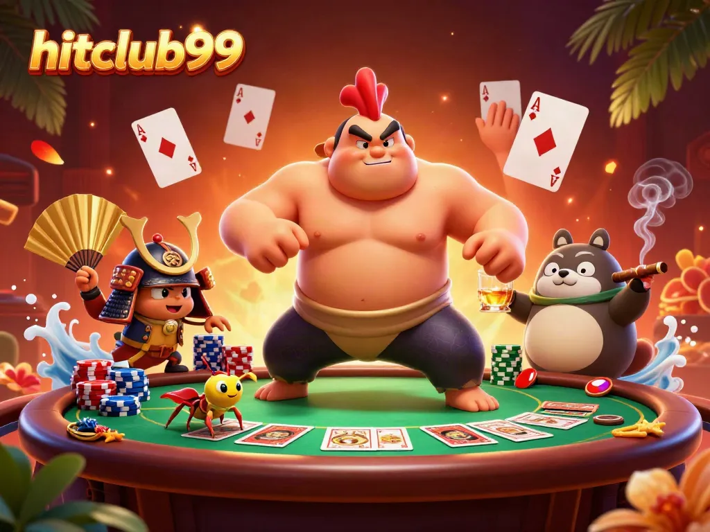 Engage in exciting poker games with hitclub99 featuring dynamic characters in a lively setting.