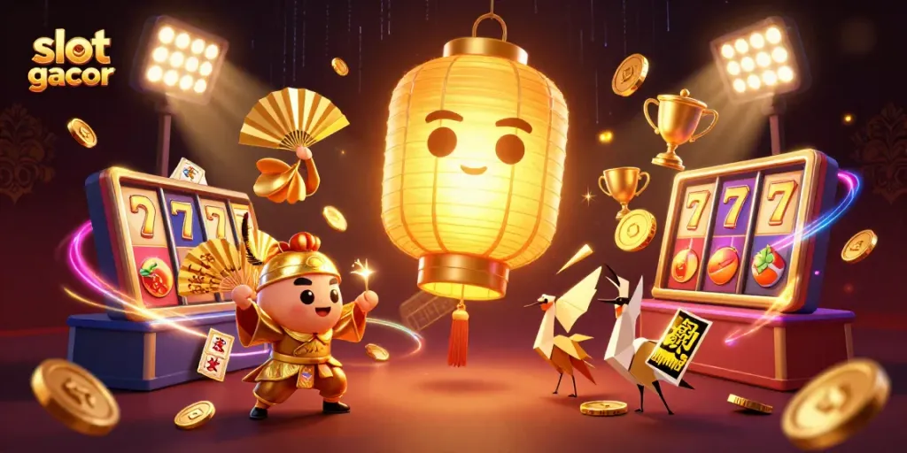 Memenangkan slot gacor dengan karakter hantu lentera emas dan simbol keberuntungan di kasino yang meriah.