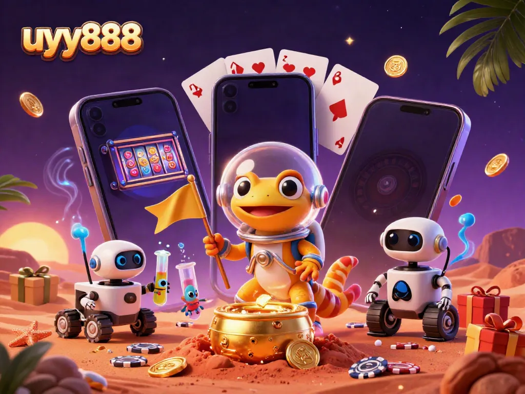 uyy888 Martian gecko explores a golden casino buried in red sands, surrounded by vibrant gaming elements.