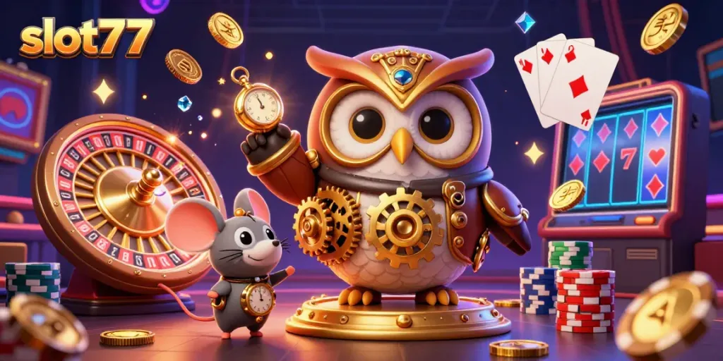 Pemain slot77 meraih kemenangan dengan simbol keberuntungan dan warna-warni koin emas.
