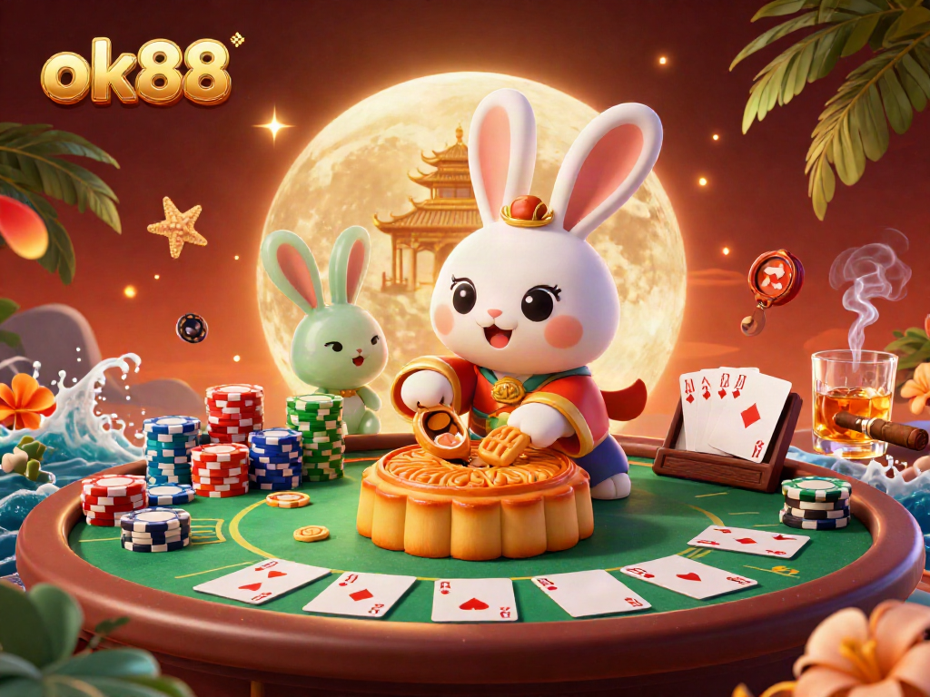 Experience the excitement of ok88 with a moon rabbit, poker chips, and vibrant casino elements.