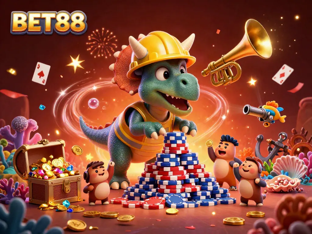 Experience exciting gameplay at BET88 with a lively scene of cartoon characters celebrating casino wins.